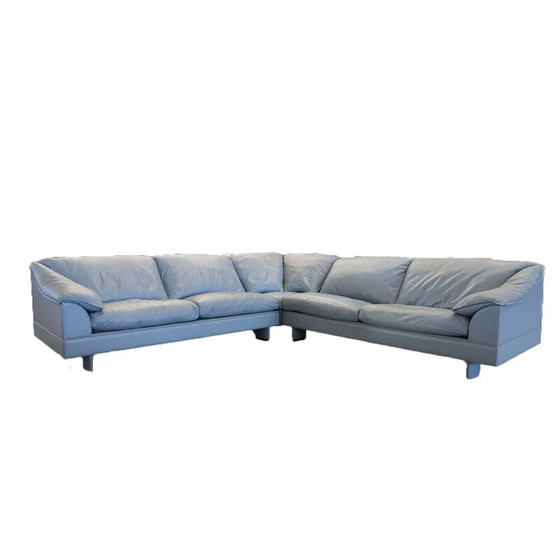 Image 1 of Vintage Serenade corner sofa in light blue leather and goose down by Tito Agnoli for Frau, Italy 1980