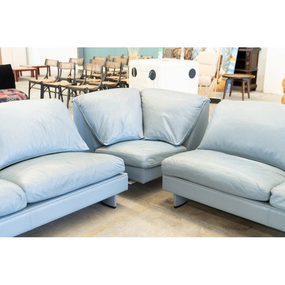 Image 1 of Vintage Serenade corner sofa in light blue leather and goose down by Tito Agnoli for Frau, Italy 1980