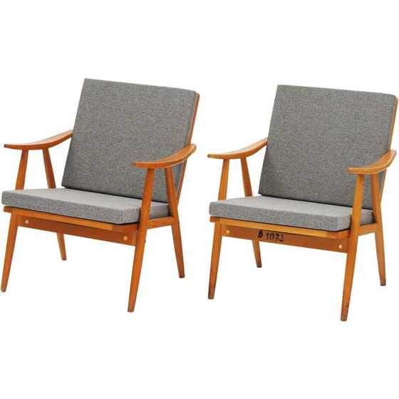 Image 1 of Set of 2 grey armchairs in beechwood - 1960s