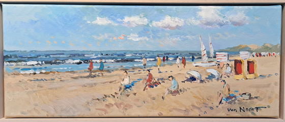 Image 1 of A. van Noort - Beach with yellow bathing chairs