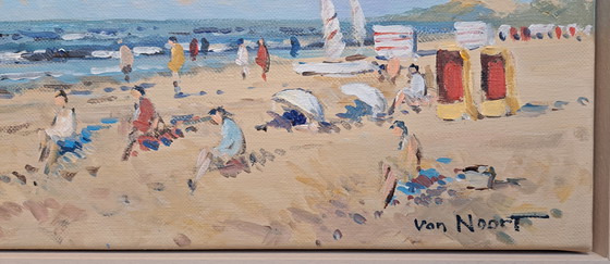 Image 1 of A. van Noort - Beach with yellow bathing chairs