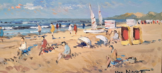 Image 1 of A. van Noort - Beach with yellow bathing chairs