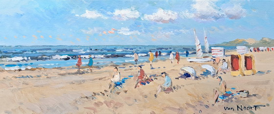 Image 1 of A. van Noort - Beach with yellow bathing chairs