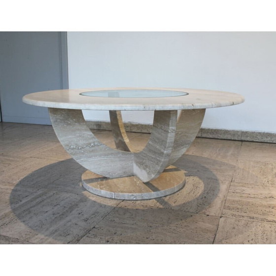 Image 1 of Round vintage coffee table in travertine and glass, Italy 1970