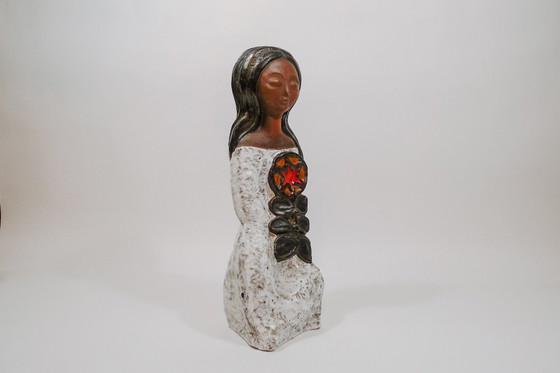 Image 1 of Handcrafted Ceramic Woman and Flower Sculpture by Rogier Vandeweghe for Perignem, Belgium, 1960s