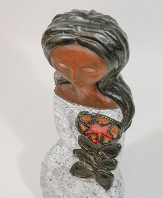 Image 1 of Sculpture femme et fleur en céramique faite à la main par Rogier Vandeweghe pour Perignem, Belgique, années 1960