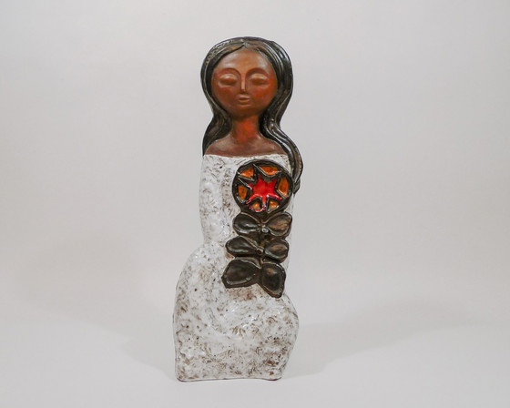 Image 1 of Sculpture femme et fleur en céramique faite à la main par Rogier Vandeweghe pour Perignem, Belgique, années 1960