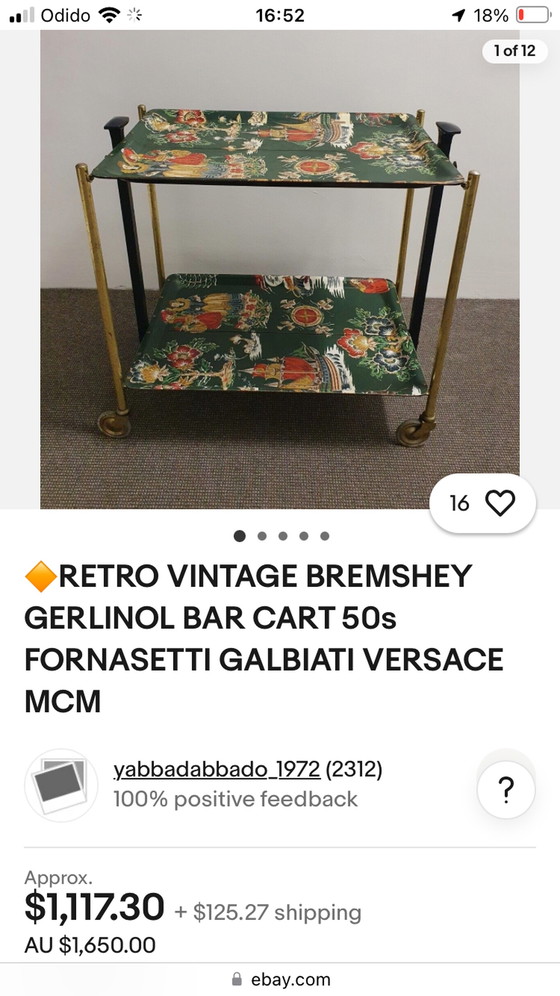 Image 1 of Vintage Bremshey Gerlinol Bar Cart 50S Fornasetti Galbiati Versace Mcm