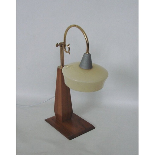 Lampada vintage art déco in legno, ottone e vetro, 1960
