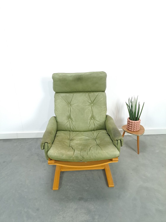 Image 1 of Green Leather Armchair With Wooden Frame