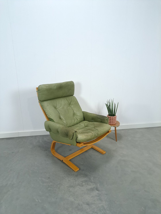 Image 1 of Green Leather Armchair With Wooden Frame