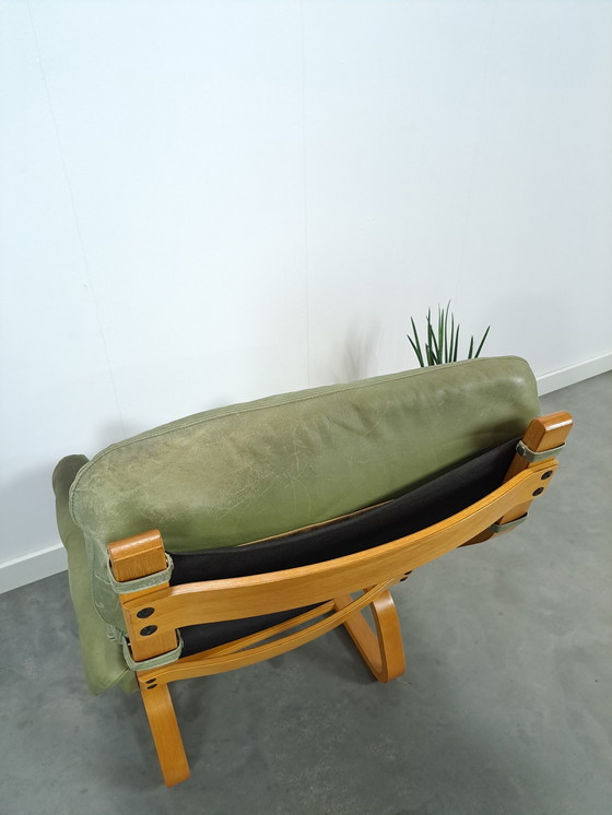 Image 1 of Green Leather Armchair With Wooden Frame