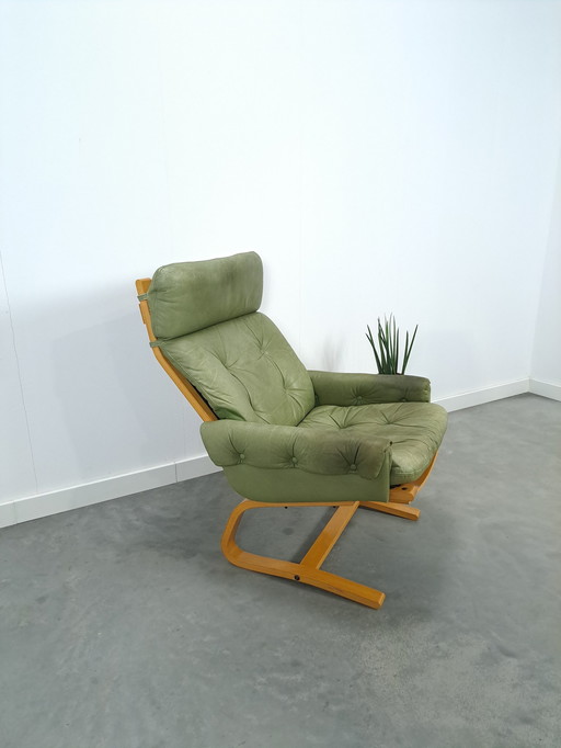 Green Leather Armchair With Wooden Frame