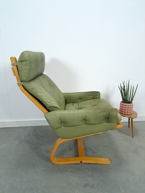 Image 1 of Green Leather Armchair With Wooden Frame