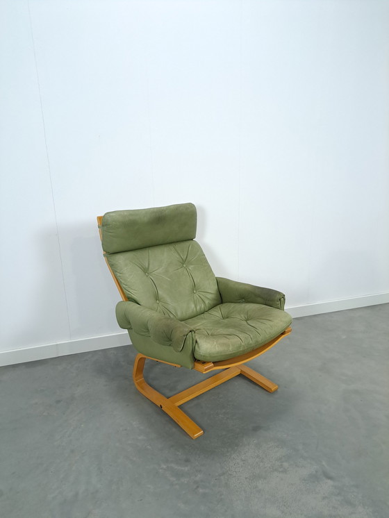 Image 1 of Green Leather Armchair With Wooden Frame