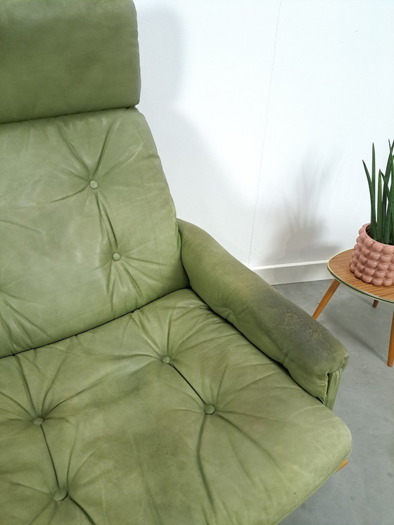 Image 1 of Green Leather Armchair With Wooden Frame