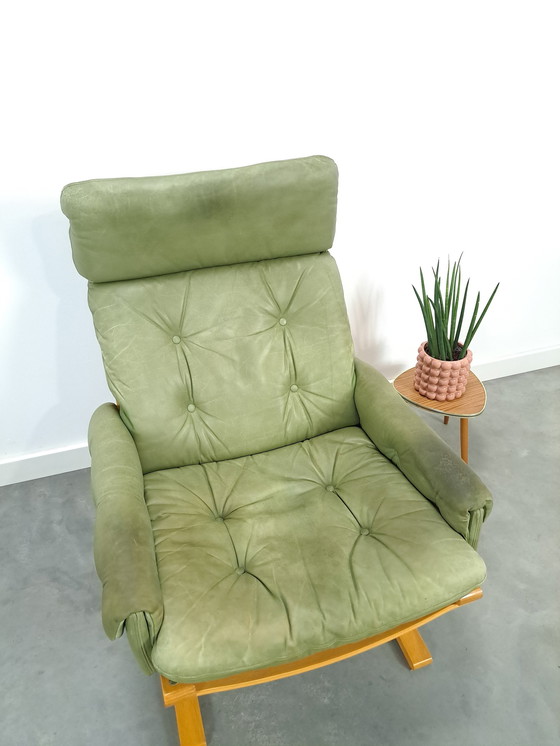 Image 1 of Green Leather Armchair With Wooden Frame