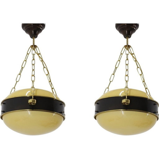 Pair of vintage brass and glass suspensions, Czechoslovakia 1950