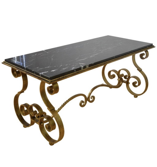 1950S French Wrought Iron Coffee Table With Marble Top