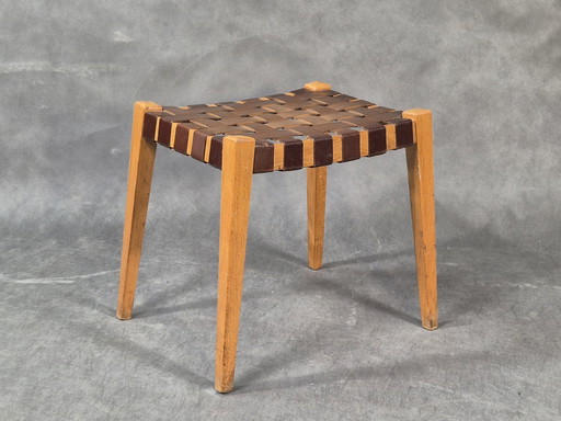 Oak and Leather Stool Krasna Jizbà, Vintage Czech 1950S