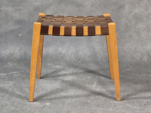 Oak and Leather Stool Krasna Jizbà, Vintage Czech 1950S