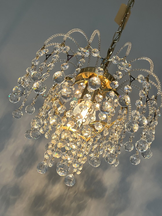 Image 1 of SWAROVSKI BRANDED set 2 chandeliers gilded pendant lamps