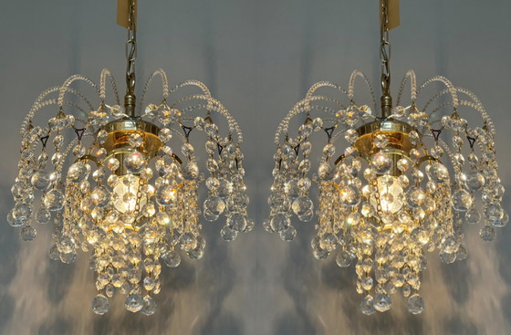 Image 1 of SWAROVSKI BRANDED set 2 chandeliers gilded pendant lamps