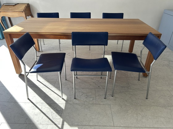 Image 1 of Set di sedie da pranzo in acciaio inox con pelle blu