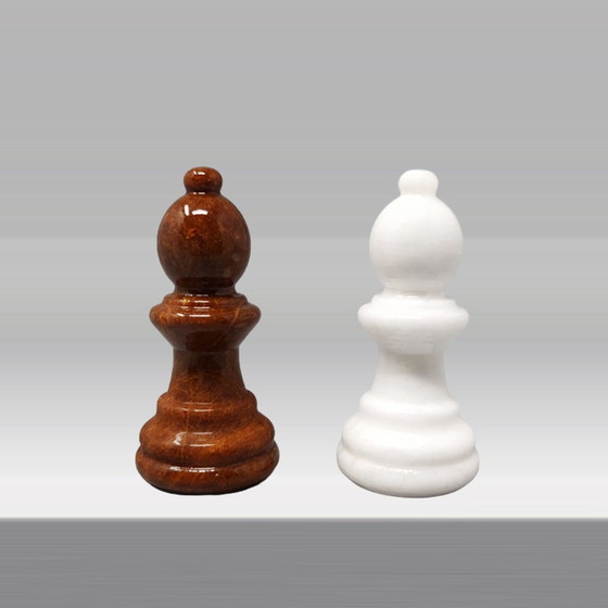 Image 1 of 1970s Gorgeous Brown and White Chess Set in Volterra Alabaster. Handmade.Made in Italy