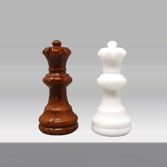 Image 1 of 1970s Gorgeous Brown and White Chess Set in Volterra Alabaster. Handmade.Made in Italy