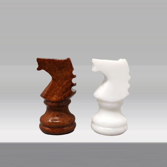 Image 1 of 1970s Gorgeous Brown and White Chess Set in Volterra Alabaster. Handmade.Made in Italy