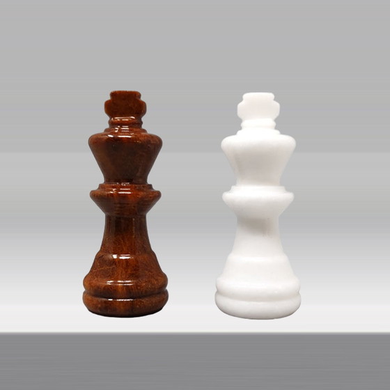 Image 1 of 1970s Gorgeous Brown and White Chess Set in Volterra Alabaster. Handmade.Made in Italy