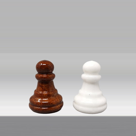 Image 1 of 1970s Gorgeous Brown and White Chess Set in Volterra Alabaster. Handmade.Made in Italy