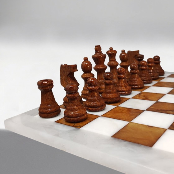 Image 1 of 1970s Gorgeous Brown and White Chess Set in Volterra Alabaster. Handmade.Made in Italy