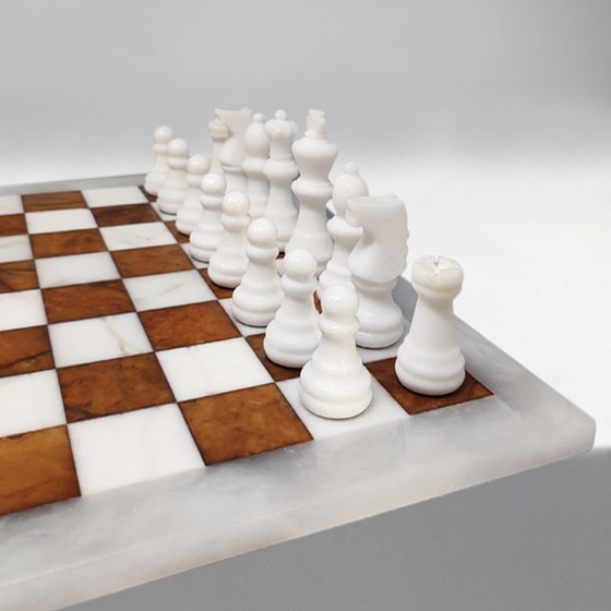 Image 1 of 1970s Gorgeous Brown and White Chess Set in Volterra Alabaster. Handmade.Made in Italy