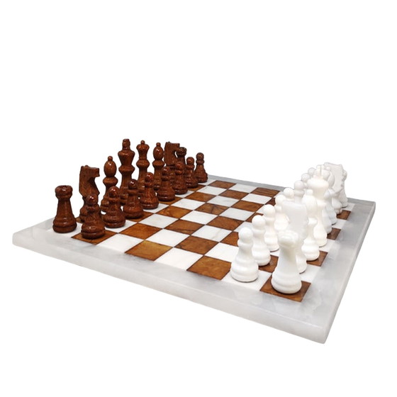 Image 1 of 1970s Gorgeous Brown and White Chess Set in Volterra Alabaster. Handmade.Made in Italy