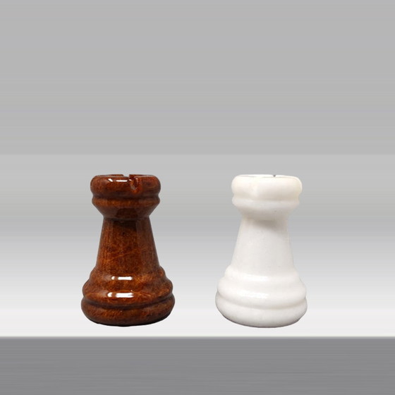 Image 1 of 1970s Gorgeous Brown and White Chess Set in Volterra Alabaster. Handmade.Made in Italy