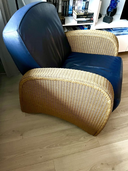 2 Loom Lloyd Armchairs With Dark Blue Leather Upholstery