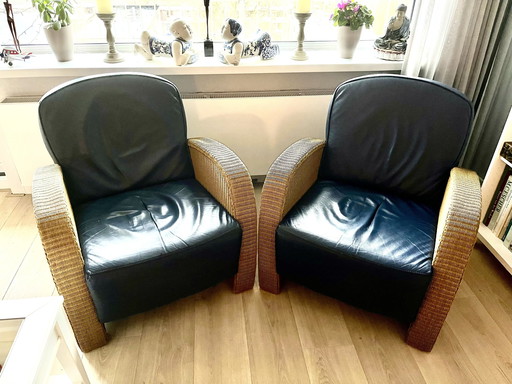 2 Loom Lloyd Armchairs With Dark Blue Leather Upholstery