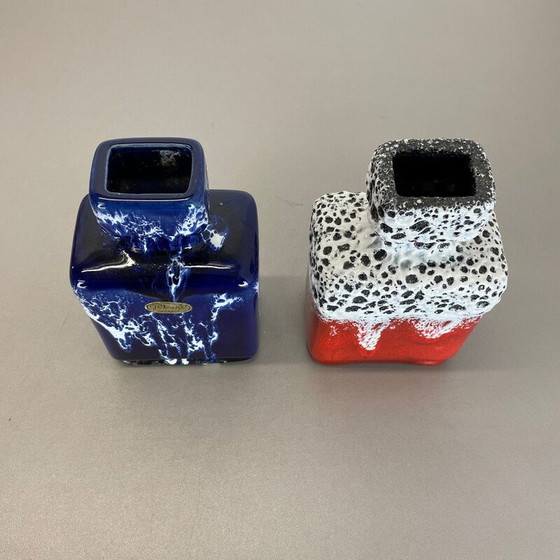 Image 1 of Pair of vintage pottery fat lava vases "blue-red" by Jopeko, Germany 1970s