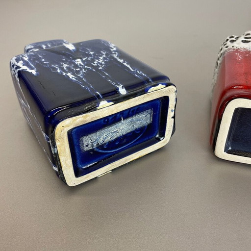 Par de jarrones vintage de cerámica de lava gruesa "azul-rojos" de Jopeko, Alemania, década de 1970