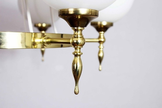 Image 1 of Kaiser Leuchten Mid Century Brass Chandelier And Opaline Balls