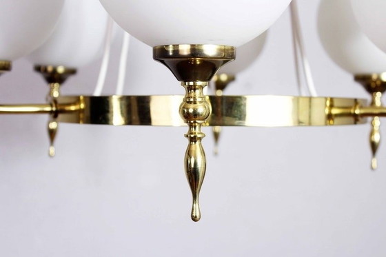 Image 1 of Kaiser Leuchten Mid Century Brass Chandelier And Opaline Balls