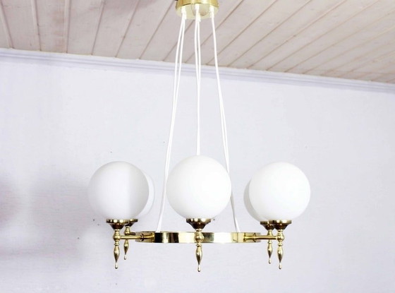 Image 1 of Kaiser Leuchten Mid Century Brass Chandelier And Opaline Balls