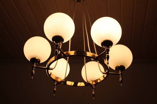 Vintage Mid Century Brass Chandelier And Opaline Balls