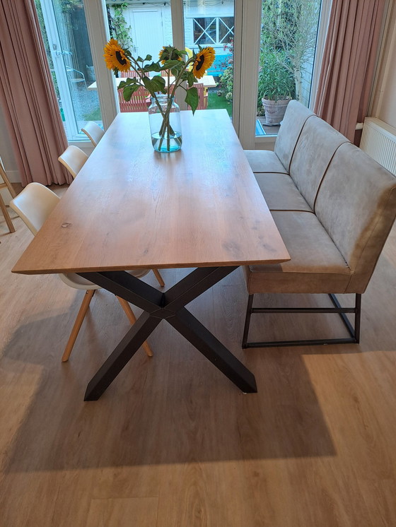 Image 1 of Solid Oak Table + dining room bench