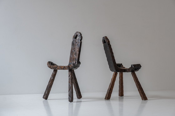 Image 1 of Set of 2 Brutalist tripod stools from Spain, designed in the 1960s. 