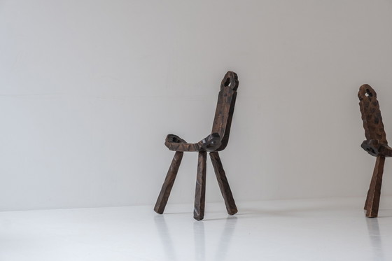 Image 1 of Set of 2 Brutalist tripod stools from Spain, designed in the 1960s. 