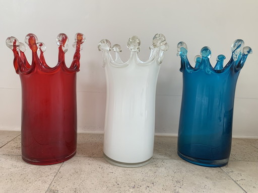 3X Red-White-Blue Mouth Blown Solid Glass Design Vases