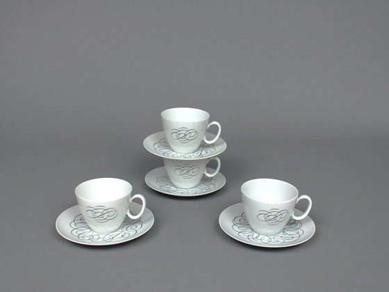 Image 1 of Raymond Loewy (1883-1986) Set Of 4 Tea Cups And Saucers, Rosenthal Continental China, Script Decor